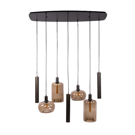 BelaLuz Modern hotel chique hanglamp Iselle 7-lichts Sienna bruin smoke glas op balk