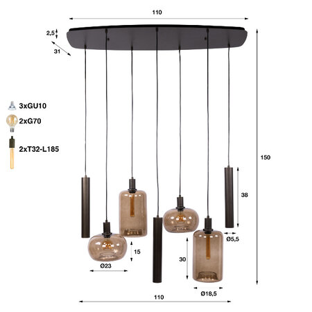 BelaLuz Modern hotel chique hanglamp Iselle 7-lichts Sienna bruin smoke glas op balk
