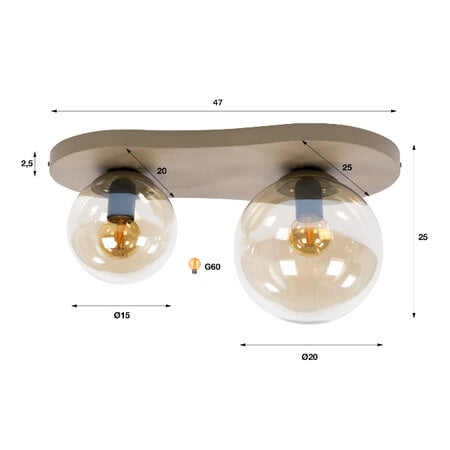 BelaLuz Moderne plafondlamp Bubble 2-lichts beige amber glas
