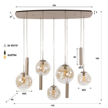 BelaLuz Moderne hanglamp Soraya 9-lichts beige amber glas