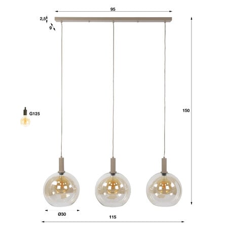 BelaLuz Moderne hanglamp Poly 3-lichts beige met licht amber glas