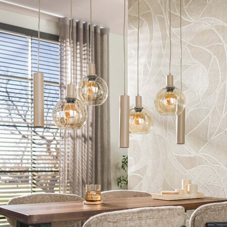 BelaLuz Moderne hanglamp Poly 7-lichts beige met licht amber glas