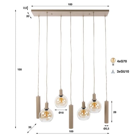 BelaLuz Moderne hanglamp Poly 7-lichts beige met licht amber glas