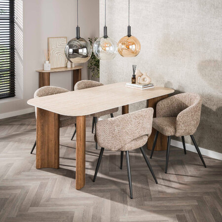 BelaLuz Japandi eettafel Romano Curvo 180 cm travertin met eikenlook poten