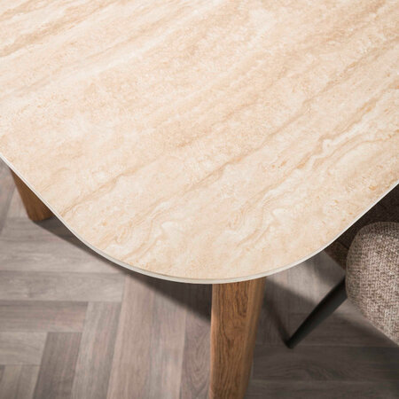 BelaLuz Japandi eettafel Romano Curvo 180 cm travertin met eikenlook poten