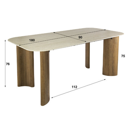 BelaLuz Japandi eettafel Romano Curvo 180 cm travertin met eikenlook poten