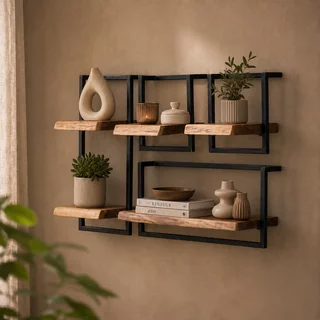 Wandplank Orlando set 1 acaciahout zwart metaal