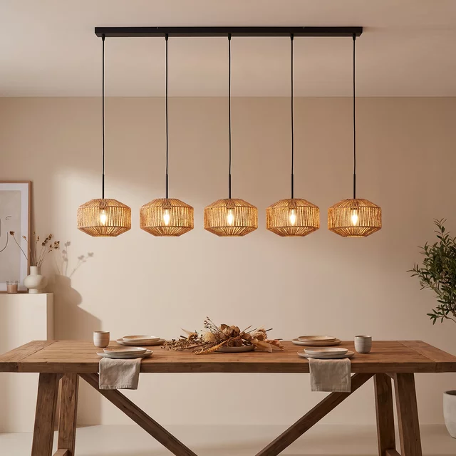 Hanglamp Ropex 5-lichts op balk met touw