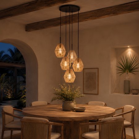 Steinhauer Oosterse hanglamp Ropex 5-lichts getrapt hoog touw bruin-crème