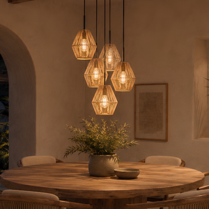 Steinhauer Oosterse hanglamp Ropex 5-lichts getrapt hoog touw bruin-crème