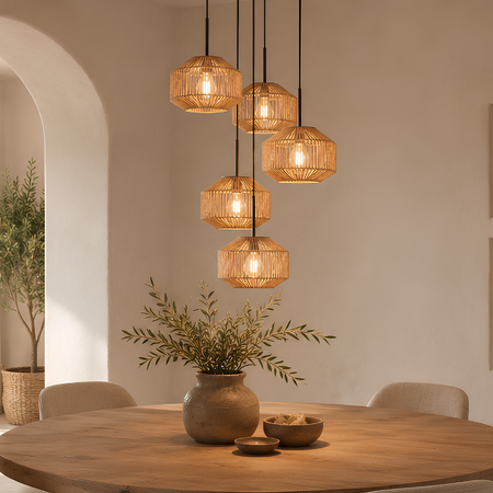 Steinhauer Ibiza Oosterse hanglamp Ropex 5-lichts rond bruin-crème