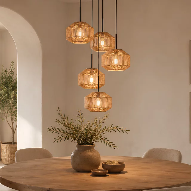 Hanglamp Ropex 5-lichts getrapt touw crème