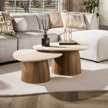 BelaLuz Moderne Japandi salontafel Romano 2-set travertinlook driehoekig
