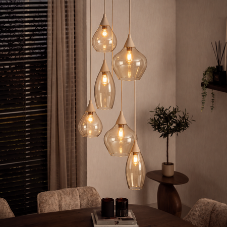 Highlight Japandi hanglamp Cambio 6-lichts rond getrapt zand met amber glas