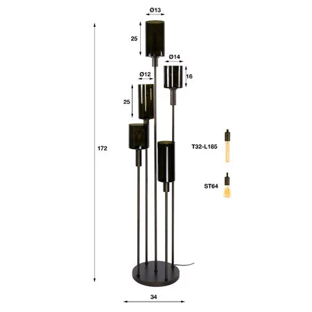 BelaLuz Hotel chique vloerlamp Calore 5-lichts met Sienna brown glas