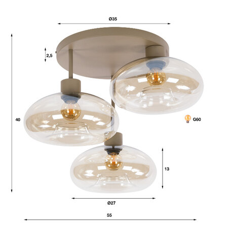 BelaLuz Plafondlamp Iselle 3-lichts beige met amber glas