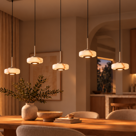ETH Japandi hanglamp Isabelle 5-lichts zand met albasterlook glas