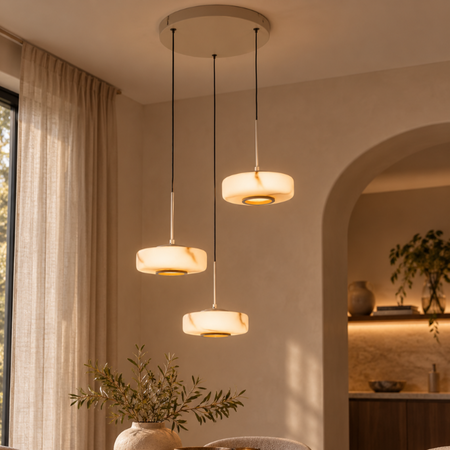 ETH Japandi hanglamp Isabelle 3-lichts getrapt met Alabasterlook glas