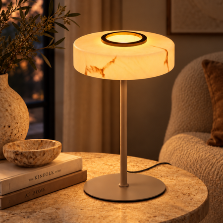 ETH Japandi tafellamp Isabelle 1-lichts zand met Alabasterlook glas