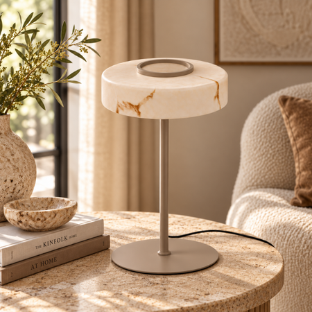 ETH Japandi tafellamp Isabelle 1-lichts zand met Alabasterlook glas