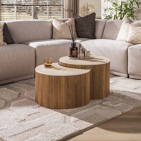 BelaLuz Japandi salontafel Romano set van 2 rond travertin
