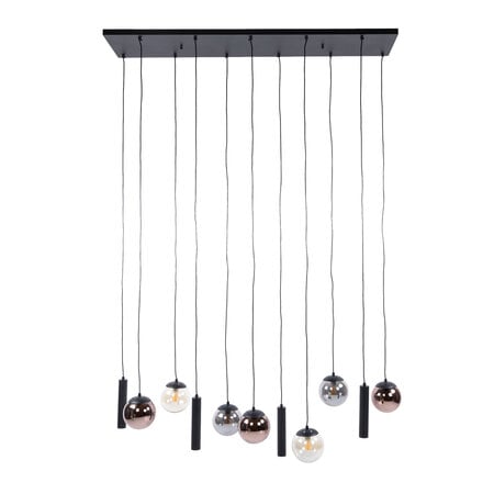 BelaLuz Hotel chique hanglamp Mundo 11-lichts zwart met gekleurd glas