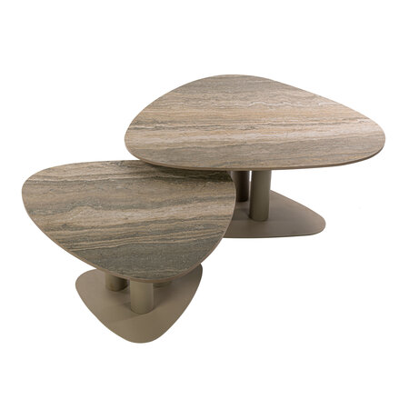 BelaLuz Japandi salontafel Ayla set van 2 driehoekig travertin beige