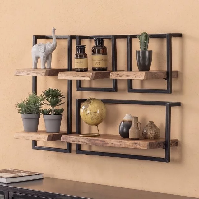 Wandplank Orlando set 1 acaciahout zwart metaal