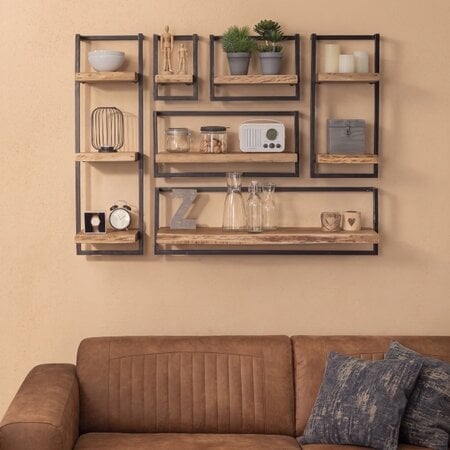 BelaLuz Landelijke wandplank Orlando set 2 acaciahout met zwart frame