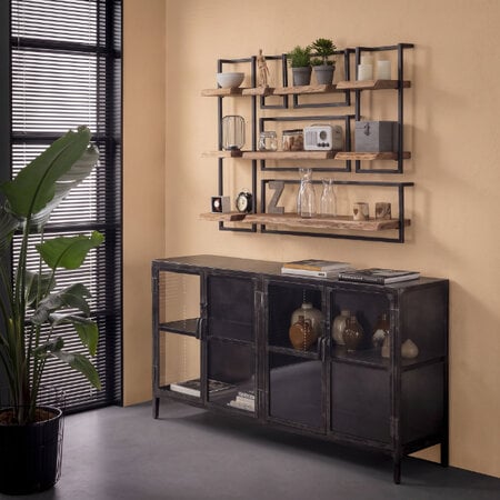 BelaLuz Landelijke wandplank Orlando set 2 acaciahout met zwart frame