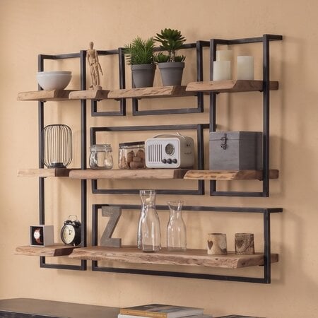 BelaLuz Landelijke wandplank Orlando set 2 acaciahout met zwart frame