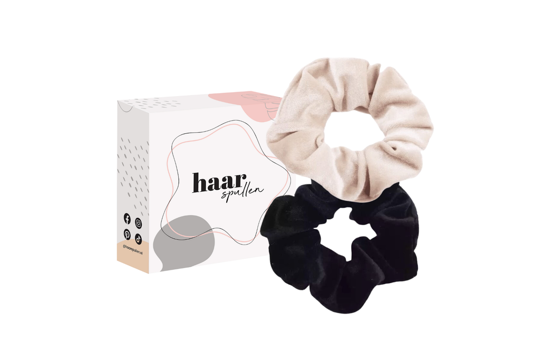 Basicly Velvet Scrunchie Duo Set - Black & Beige