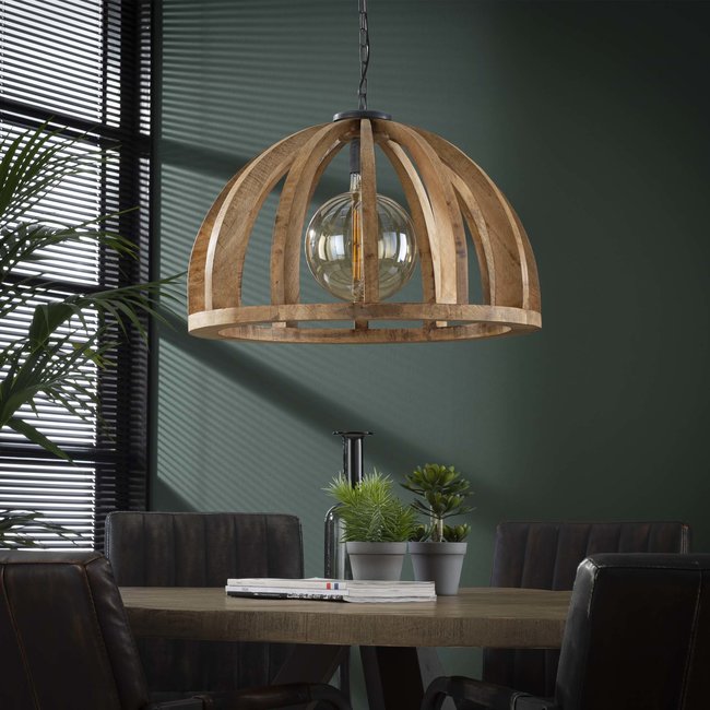WoonStijl Hanglamp Ø60 gebogen houten spijlen / Massief mango naturel / Massief mango naturel
