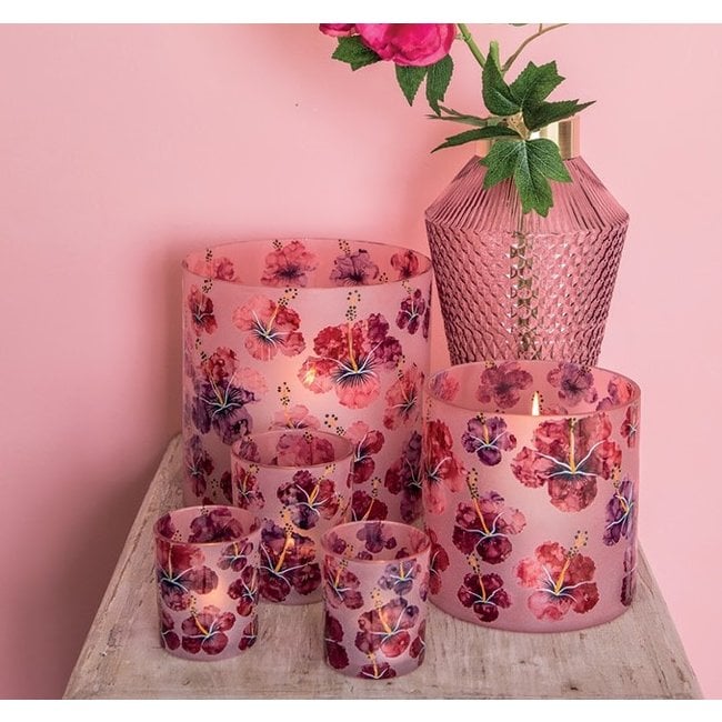 PTMD Theelicht Denise Roze glazen hibiscus bloemen