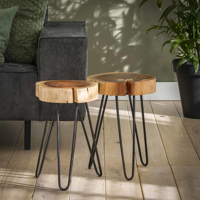 WoonStijl Bijzettafel Stam Ø 32 cm - Massief Acaciahout met Zwart Stalen Frame