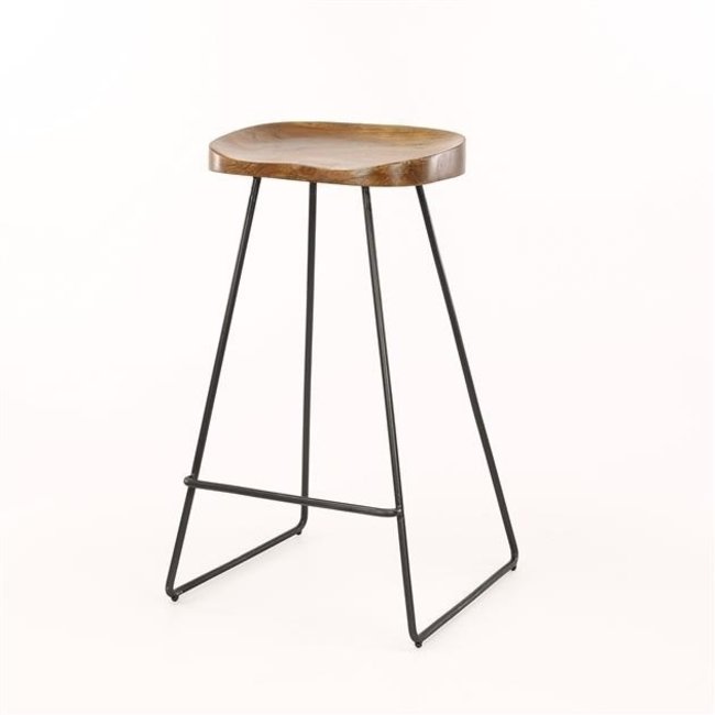 WoonStijl Vintage Barstoel met Acaciahouten Zitting en Zwart Metalen Frame
