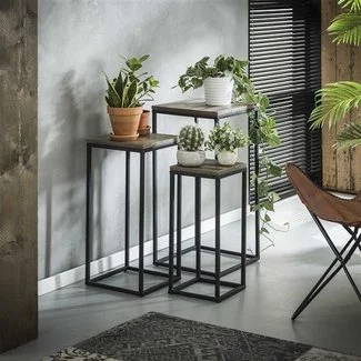 WoonStijl Bloemenzuil Teca set van 3 vierkant buisframe - Teakhout greywash