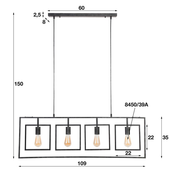 WoonStijl Hanglamp 4L Turn square / Charcoal