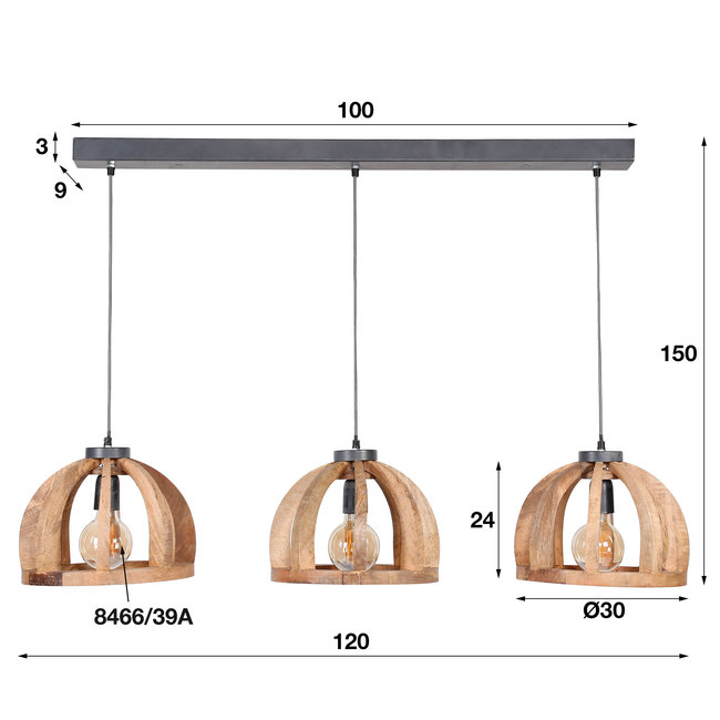 WoonStijl WoonStijl Hanglamp 3x Ø30 met gebogen houten spijlen