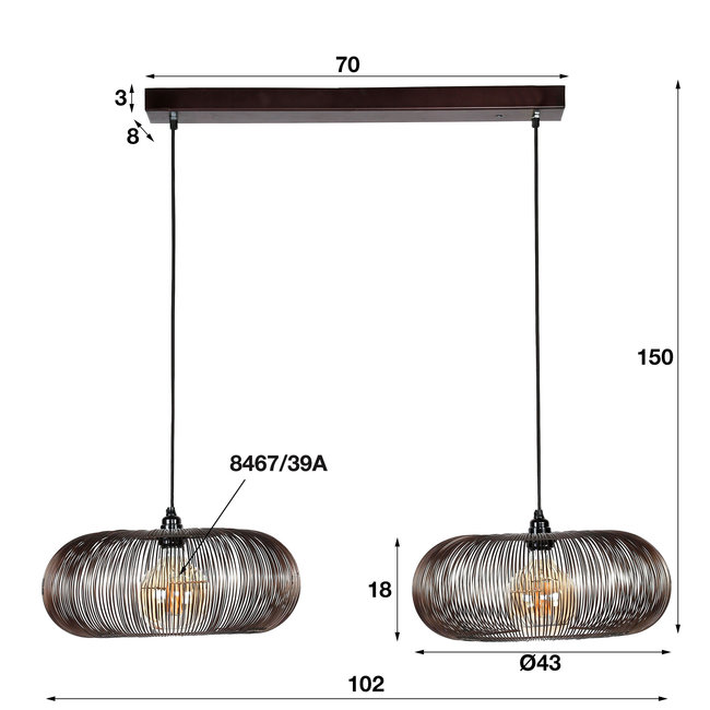 WoonStijl WoonStijl Hanglamp 2x Ø43 Disk Wire Copper Twist / Zwart Nikkel