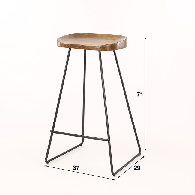 WoonStijl Vintage Barstoel met Acaciahouten Zitting en Zwart Metalen Frame