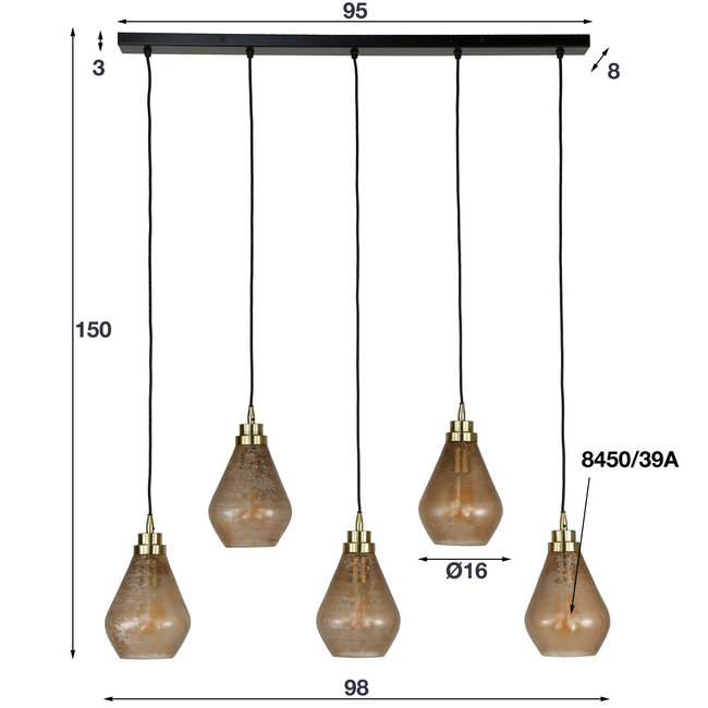 WoonStijl Hanglamp 5L vintage brown glass