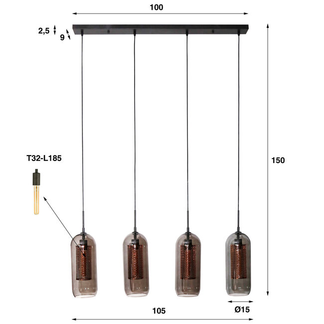 WoonStijl Hanglamp 4L smoke glas-geperforeerd staal