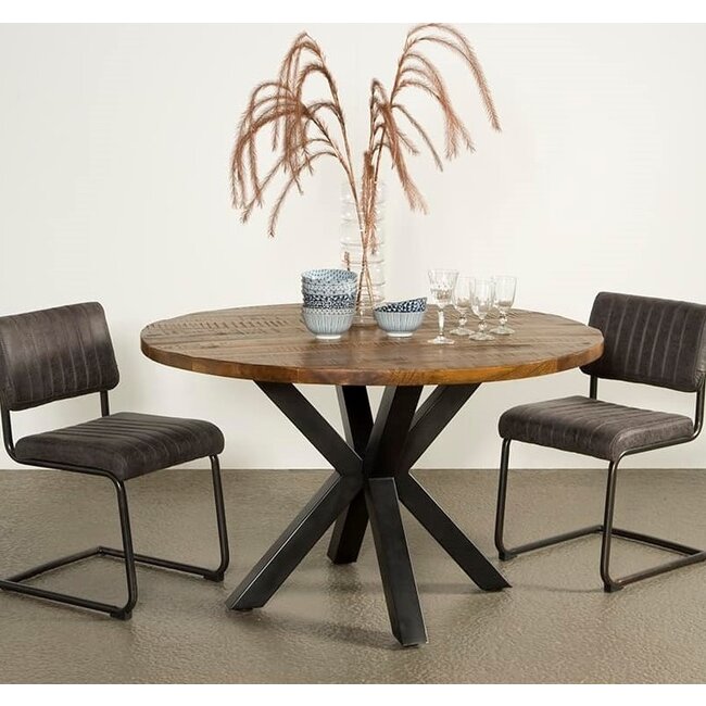 Tower Living Basto ronde eettafel 130 cm - Mangohout & Industrieel design
