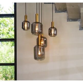 Light en Living Hanglamp Lekar 5-Lichts - Antiek Brons & Smoke Glas