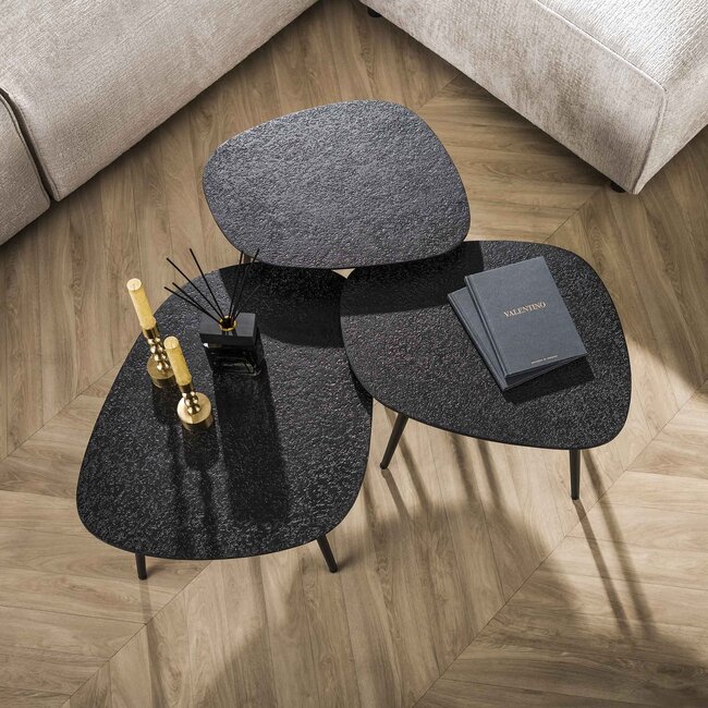 WoonStijl Salontafel set van 3 vierhoekig metallic zwart grijs
