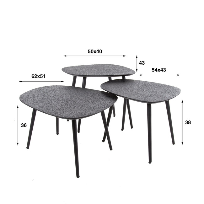 WoonStijl Salontafel set van 3 vierhoekig metallic zwart grijs