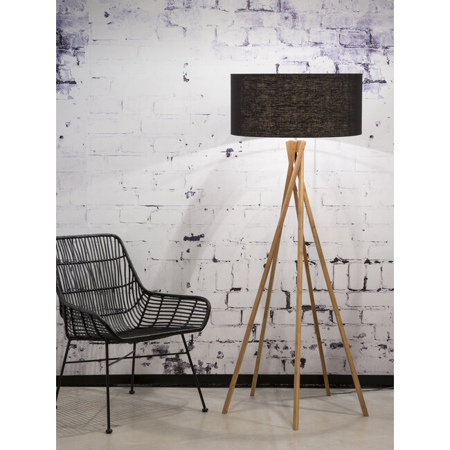 Good&Mojo Vloerlamp Bamboe 5-poot Kilimanjaro 160cm met Zwarte Eco Linnen Kap