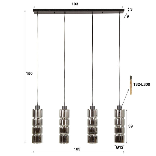 WoonStijl Hanglamp 4L cylinder glas