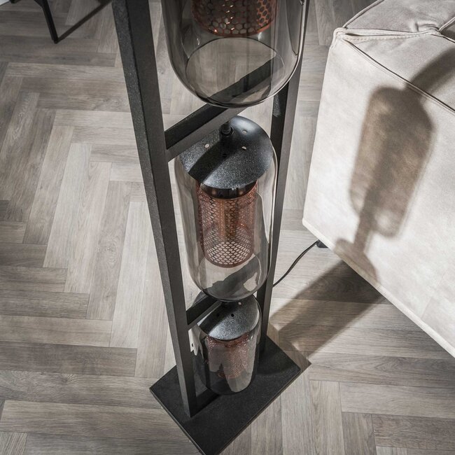 WoonStijl Vloerlamp 3L tower smoke glas-geperforeerd staal